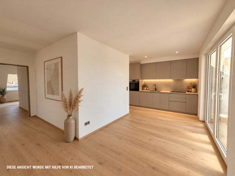 Warm-minimalistischer Wohnbereich mit Küche
