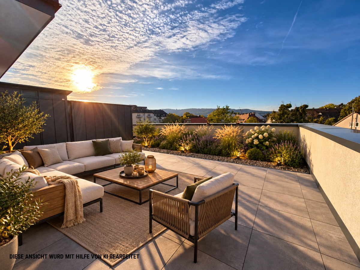 Stilvolle Dachterrasse im goldenen Abendlicht